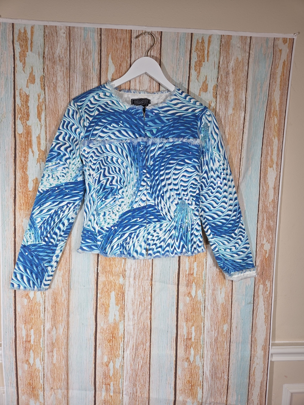 Oleg Cassini Nightsport Y2k Blue Wave-Print Long-Sleeve Jacket. Size 6